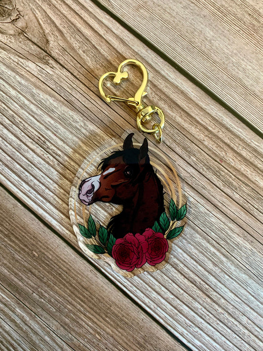 Dark Bay Arabian Horse with Flowers Acrylic Keychain