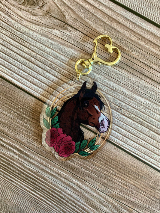 Dark Bay Arabian Horse with Flowers Acrylic Keychain