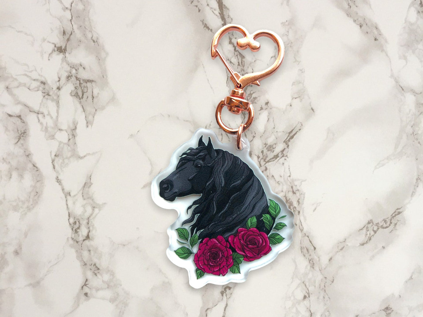 Floral Friesian Horse Keychain